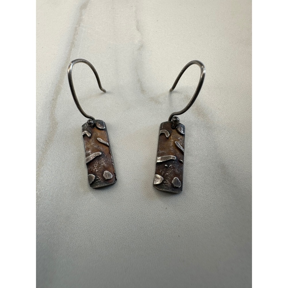 Artisan Brutalist Mixed Metal Textured Rectangular Drop Dangle Earrings Oxidized